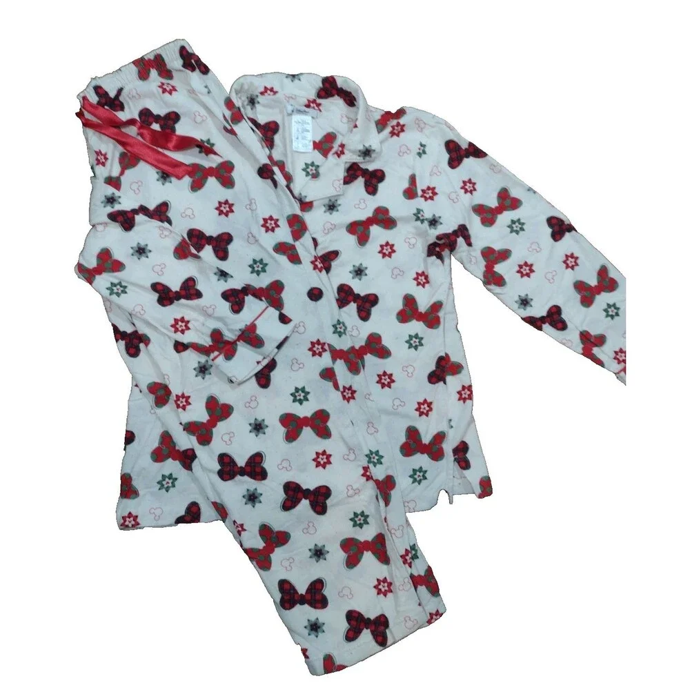 Disney Parks Pajamas Women's L  2 Piece Set Flannel Minnie Mouse Bows Holiday - Picture 2 of 10